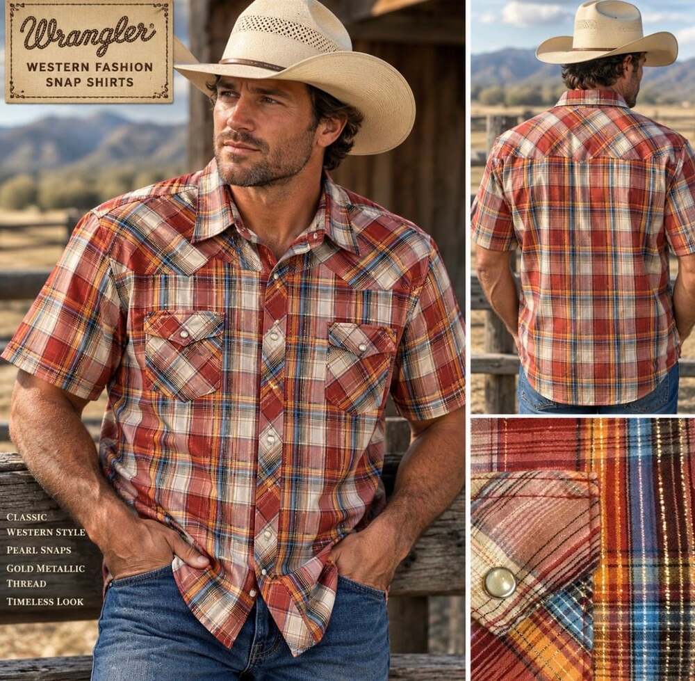 Vintage Wrangler Men 3XL Western Pearl Snap Shirt Red Plaid Gold Metallic Thread